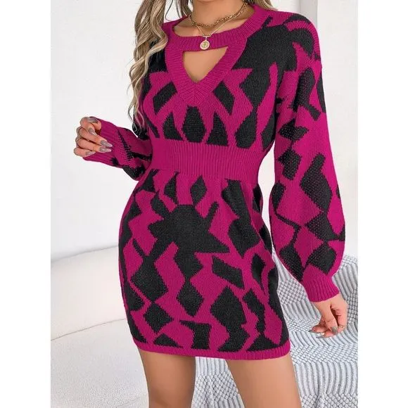 Green And Black Cutout Long Sleeve Sweater Dress