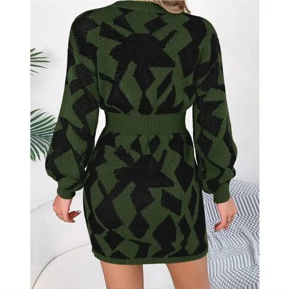Green And Black Cutout Long Sleeve Sweater Dress