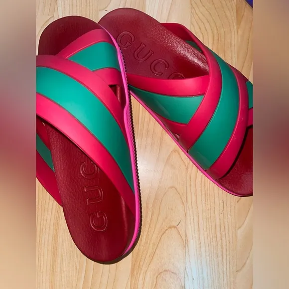 Gucci Pink and Green Sandals with Crisscross Straps