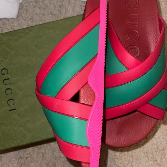 Gucci Pink and Green Sandals with Crisscross Straps