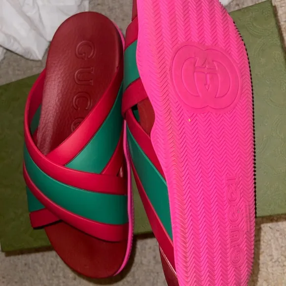 Gucci Pink and Green Sandals with Crisscross Straps