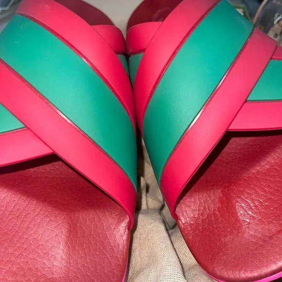 Gucci Pink and Green Sandals with Crisscross Straps
