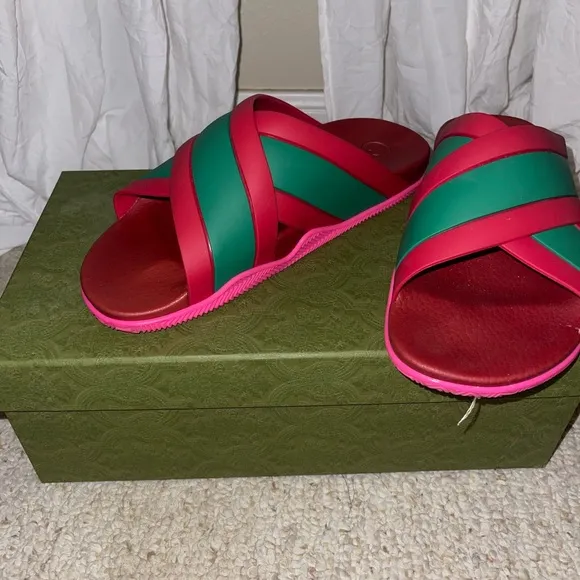 Gucci Pink and Green Sandals with Crisscross Straps
