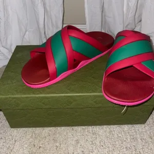 Gucci Pink and Green Sandals with Crisscross Straps