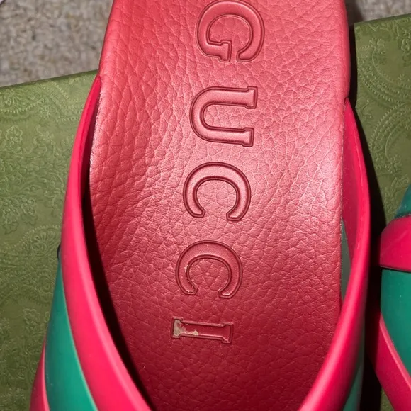 Gucci Pink and Green Sandals with Crisscross Straps
