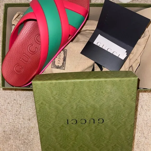 Gucci Pink and Green Sandals with Crisscross Straps