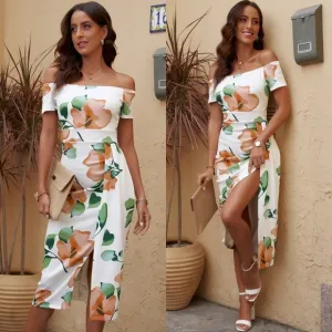 Gum Leaf Printed Off-Shoulder Split Dress