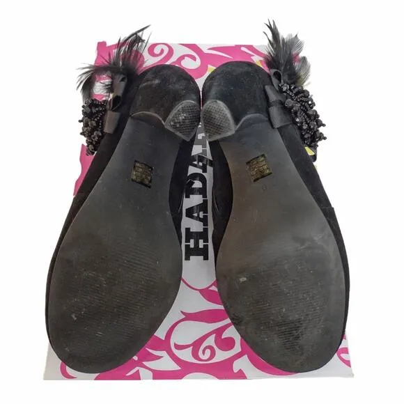 HADARI Black Suede Ankle Booties Size 9 Heeled Boots Embellished Feathers Heels
