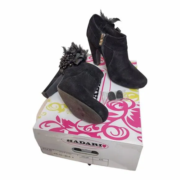 HADARI Black Suede Ankle Booties Size 9 Heeled Boots Embellished Feathers Heels