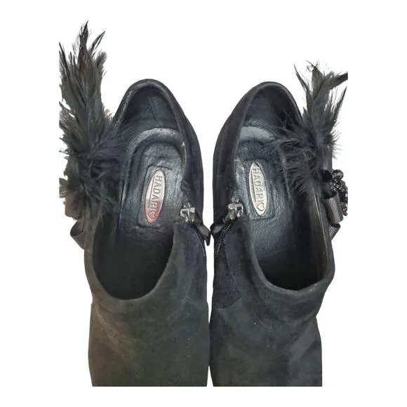 HADARI Black Suede Ankle Booties Size 9 Heeled Boots Embellished Feathers Heels