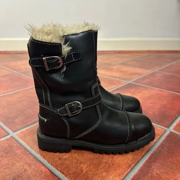 Harley Davidson Black Buckle Fur Lined Round Toe Biker Boots Size US 8