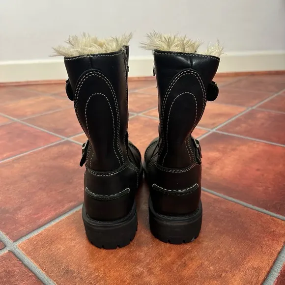 Harley Davidson Black Buckle Fur Lined Round Toe Biker Boots Size US 8