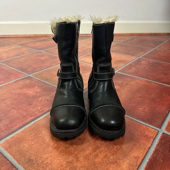Harley Davidson Black Buckle Fur Lined Round Toe Biker Boots Size US 8