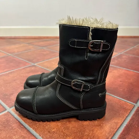 Harley Davidson Black Buckle Fur Lined Round Toe Biker Boots Size US 8