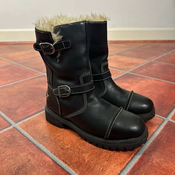 Harley Davidson Black Buckle Fur Lined Round Toe Biker Boots Size US 8