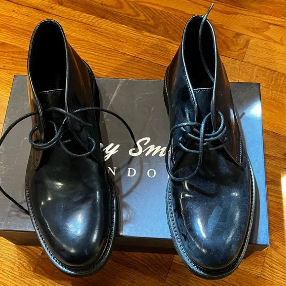 Henry Smith London Black Leather ankle Boots with distressed Polished Finish