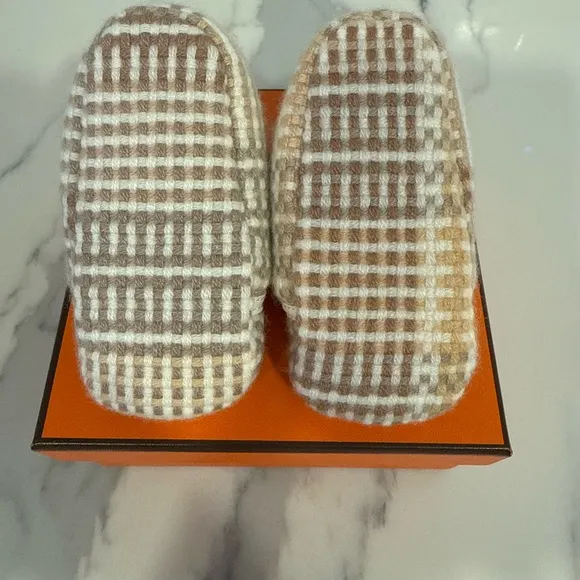 Hermes baby booties Plaid Tan and White Kids Shoes