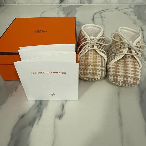 Hermes baby booties Plaid Tan and White Kids Shoes