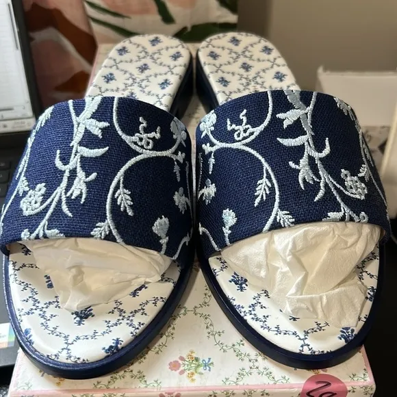 Hill House The Summer Slide Blue Embroidery Shoe Sandal Botanical Sz 11 NEW