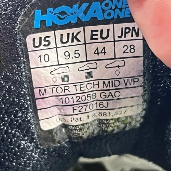 Hoka One Tor Tech Mid WP Men Size 10 Black Hiking Shoes Boots
