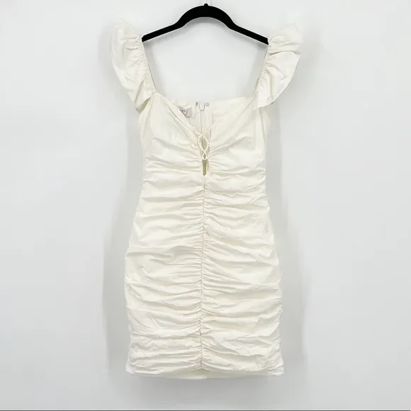 HOUSE OF CB BODY CON KARA DRESSDRAPE RUCHED FLUTTER SLEEVE MINI DRESS SIZE SMALL