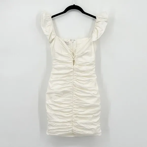 HOUSE OF CB BODY CON KARA DRESSDRAPE RUCHED FLUTTER SLEEVE MINI DRESS SIZE SMALL