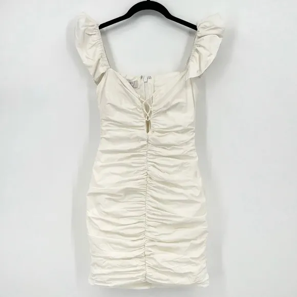 HOUSE OF CB BODY CON KARA DRESSDRAPE RUCHED FLUTTER SLEEVE MINI DRESS SIZE SMALL