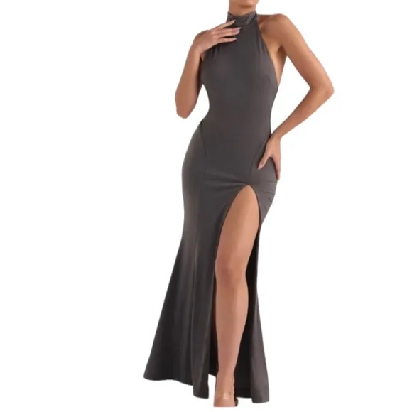 House Of CB Juliette Shadow Halter Gown. Size XSmall. NWT Dark Gray.