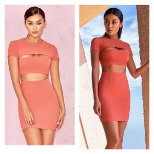 HOUSE OF CB Salmon Coral Cutout Short Sleeve Bodycon Mini Cocktail Dress Medium