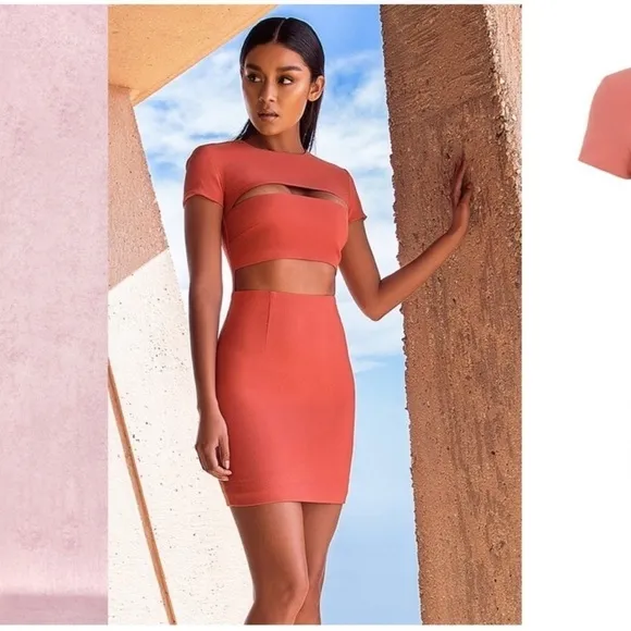 HOUSE OF CB Salmon Coral Cutout Short Sleeve Bodycon Mini Cocktail Dress Medium