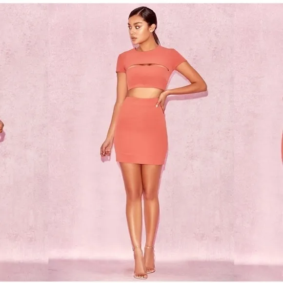 HOUSE OF CB Salmon Coral Cutout Short Sleeve Bodycon Mini Cocktail Dress Medium