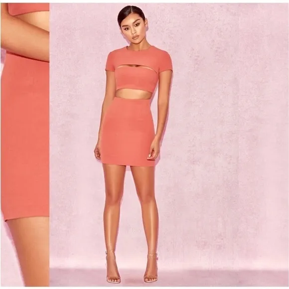 HOUSE OF CB Salmon Coral Cutout Short Sleeve Bodycon Mini Cocktail Dress Medium