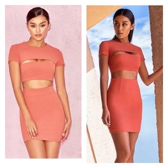 HOUSE OF CB Salmon Coral Cutout Short Sleeve Bodycon Mini Cocktail Dress Medium