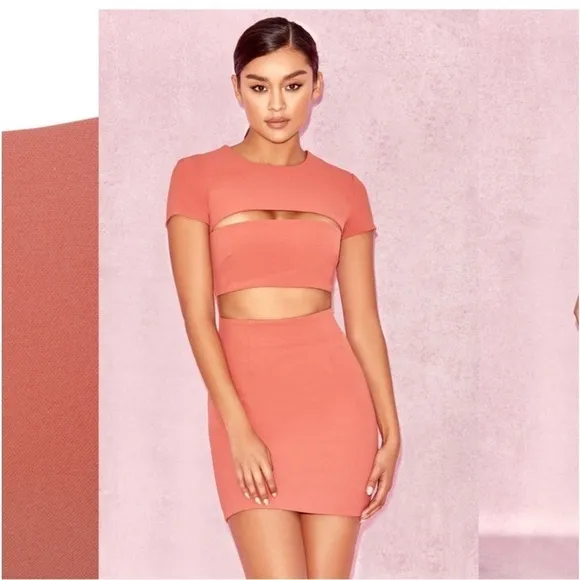 HOUSE OF CB Salmon Coral Cutout Short Sleeve Bodycon Mini Cocktail Dress Medium