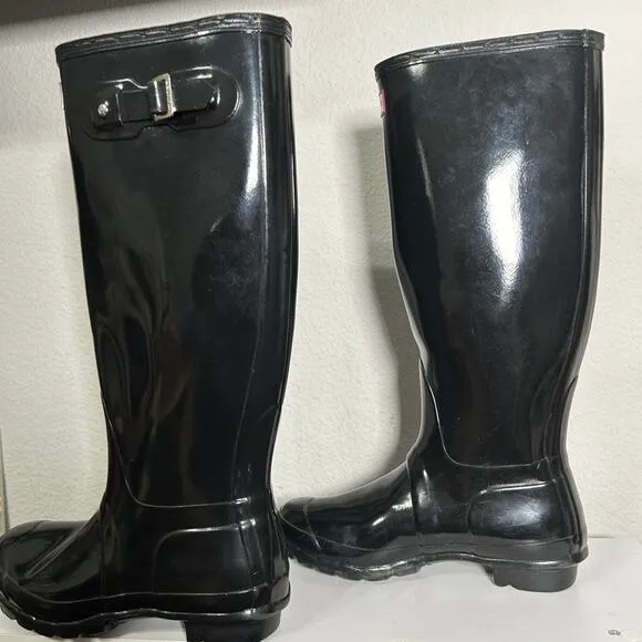 Hunter Original Tall Gloss Rain Boots Black Classic Black Women's Size 8