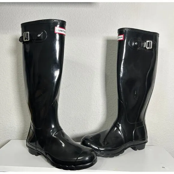 Hunter Original Tall Gloss Rain Boots Black Classic Black Women's Size 8