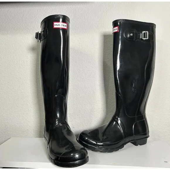 Hunter Original Tall Gloss Rain Boots Black Classic Black Women's Size 8