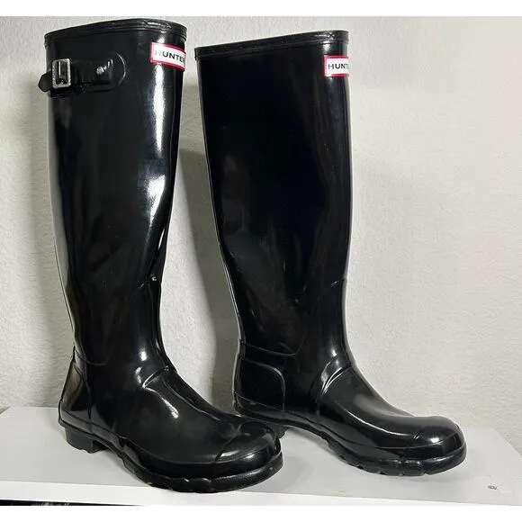 Hunter Original Tall Gloss Rain Boots Black Classic Black Women's Size 8