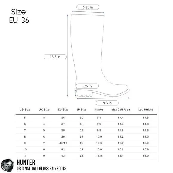 HUNTER ORIGINAL TALL RAIN BOOTS IN GLOSS BLACK WOMEN’S SHOE SIZE EU 36 BOOTS