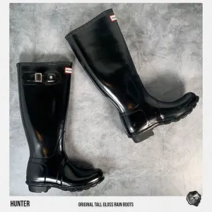 HUNTER ORIGINAL TALL RAIN BOOTS IN GLOSS BLACK WOMEN’S SHOE SIZE EU 36 BOOTS