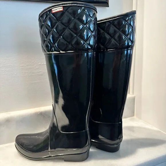 Hunter Rigley Quilted Glossy Tall Rubber Rain Boots Black Size 6