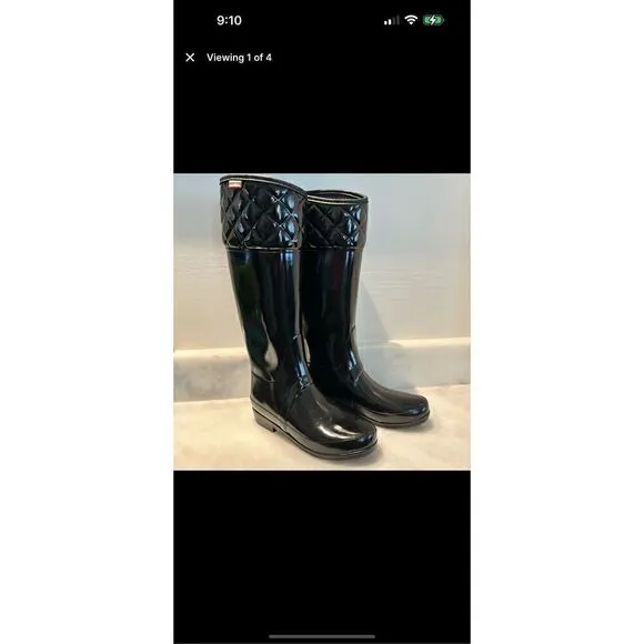 Hunter Rigley Quilted Glossy Tall Rubber Rain Boots Black Size 6