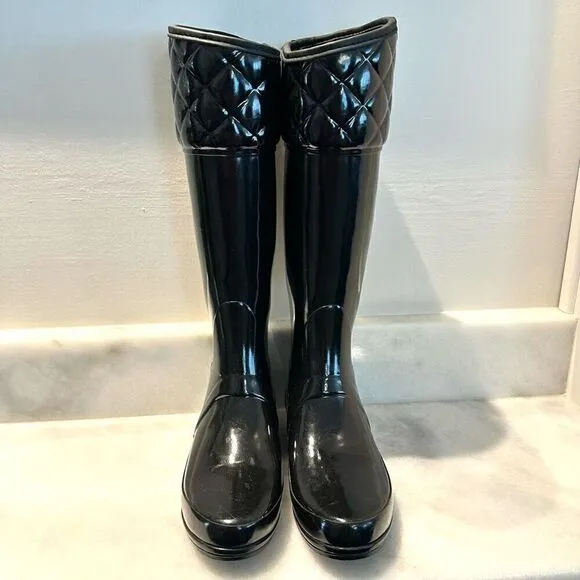 Hunter Rigley Quilted Glossy Tall Rubber Rain Boots Black Size 6