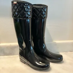Hunter Rigley Quilted Glossy Tall Rubber Rain Boots Black Size 6