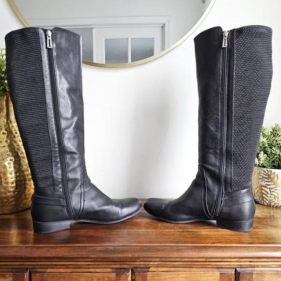 Isaac Mizrahi Live Wide Calf Genuine Leather Stretch Riding Black Tall Boots 9.5