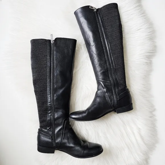 Isaac Mizrahi Live Wide Calf Genuine Leather Stretch Riding Black Tall Boots 9.5
