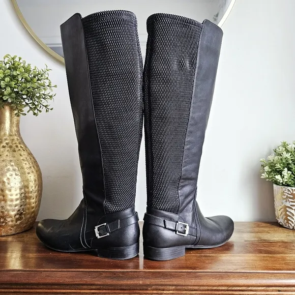 Isaac Mizrahi Live Wide Calf Genuine Leather Stretch Riding Black Tall Boots 9.5