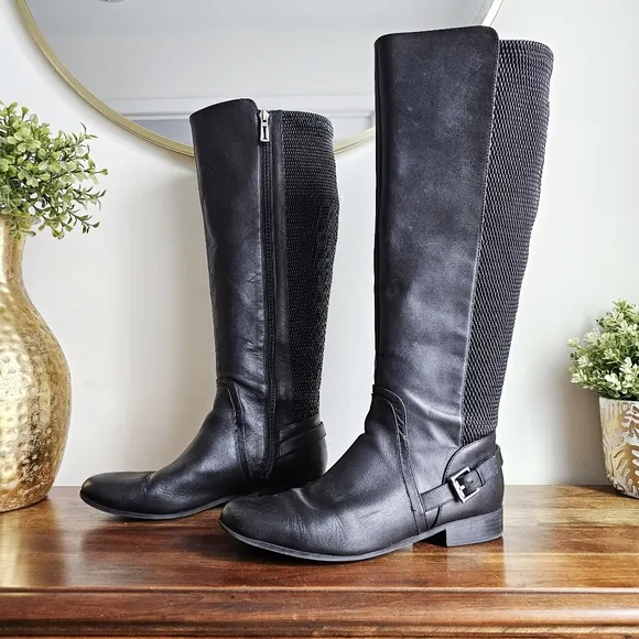 Isaac Mizrahi Live Wide Calf Genuine Leather Stretch Riding Black Tall Boots 9.5