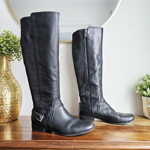 Isaac Mizrahi Live Wide Calf Genuine Leather Stretch Riding Black Tall Boots 9.5