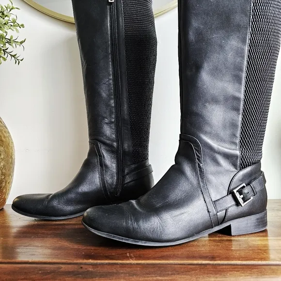 Isaac Mizrahi Live Wide Calf Genuine Leather Stretch Riding Black Tall Boots 9.5